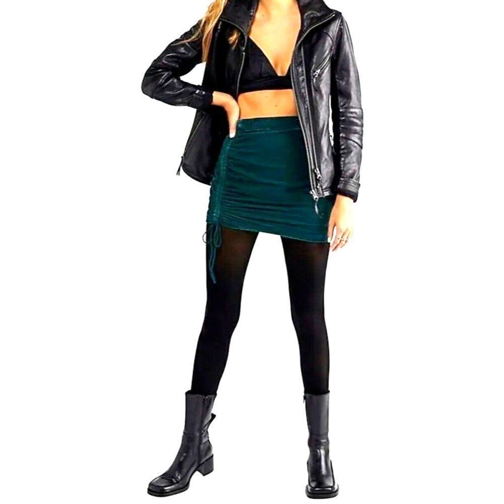 Free People Vivienne Velour  Green Womens Tie Fitted Lined Short Skirt NEW Sz 10